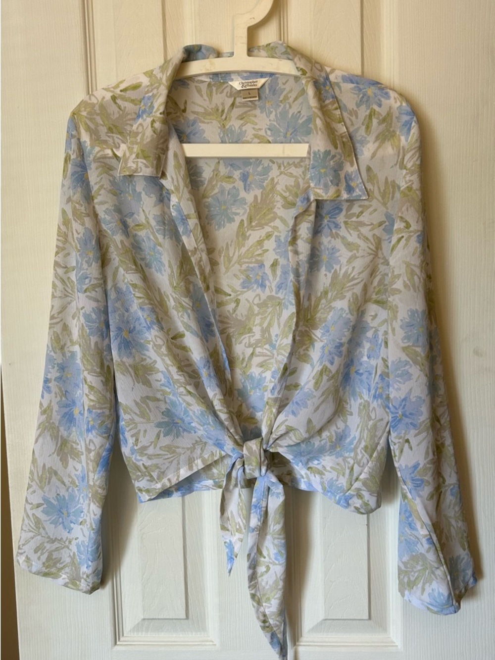 Christopher & Banks Blue and Green Floral Sheer Tie-Front Button Down